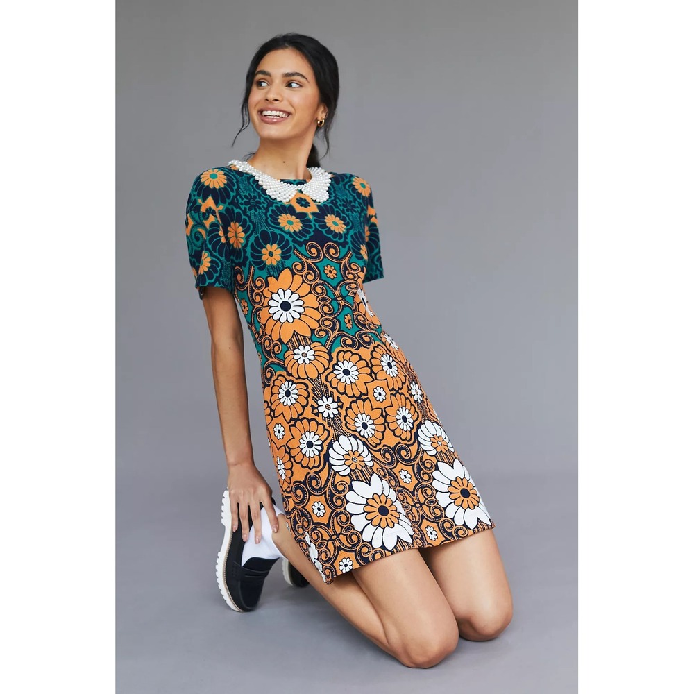 Maeve Anthropologie Floral Shift Mini Dress XS Teal Orange Hippie 70s Retro Mod - Picture 3 of 14